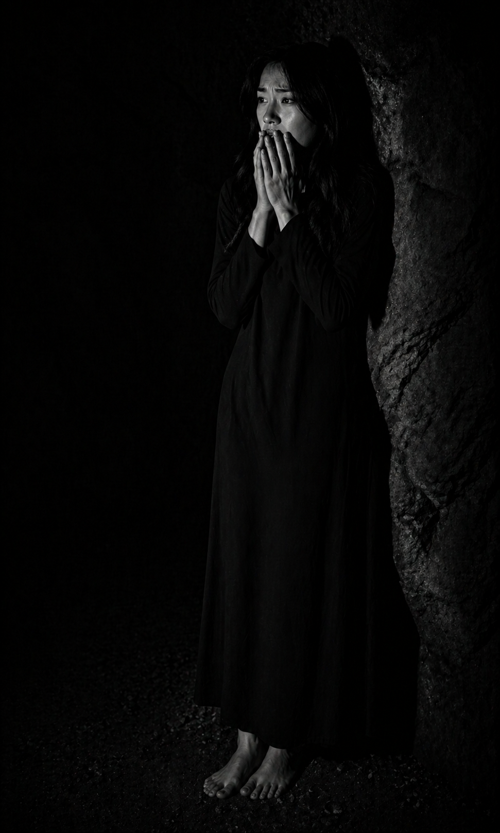 woman lit in darkness